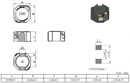 Configuración y dimensiones de la serie de inductores de potencia MCU1060